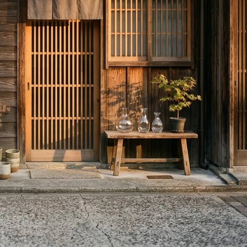 格子戸の入口と、軒先に並ぶ鉢植え